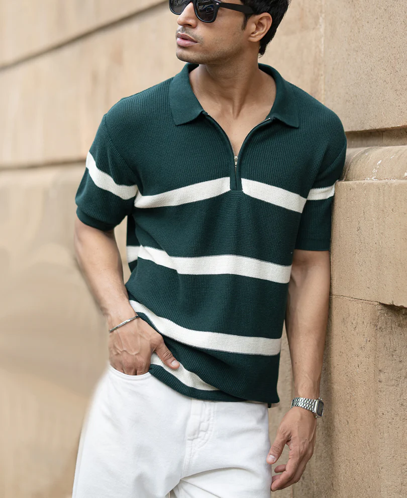 Pine Striped Zipper T-Shirt 100% Cotton - Image 2