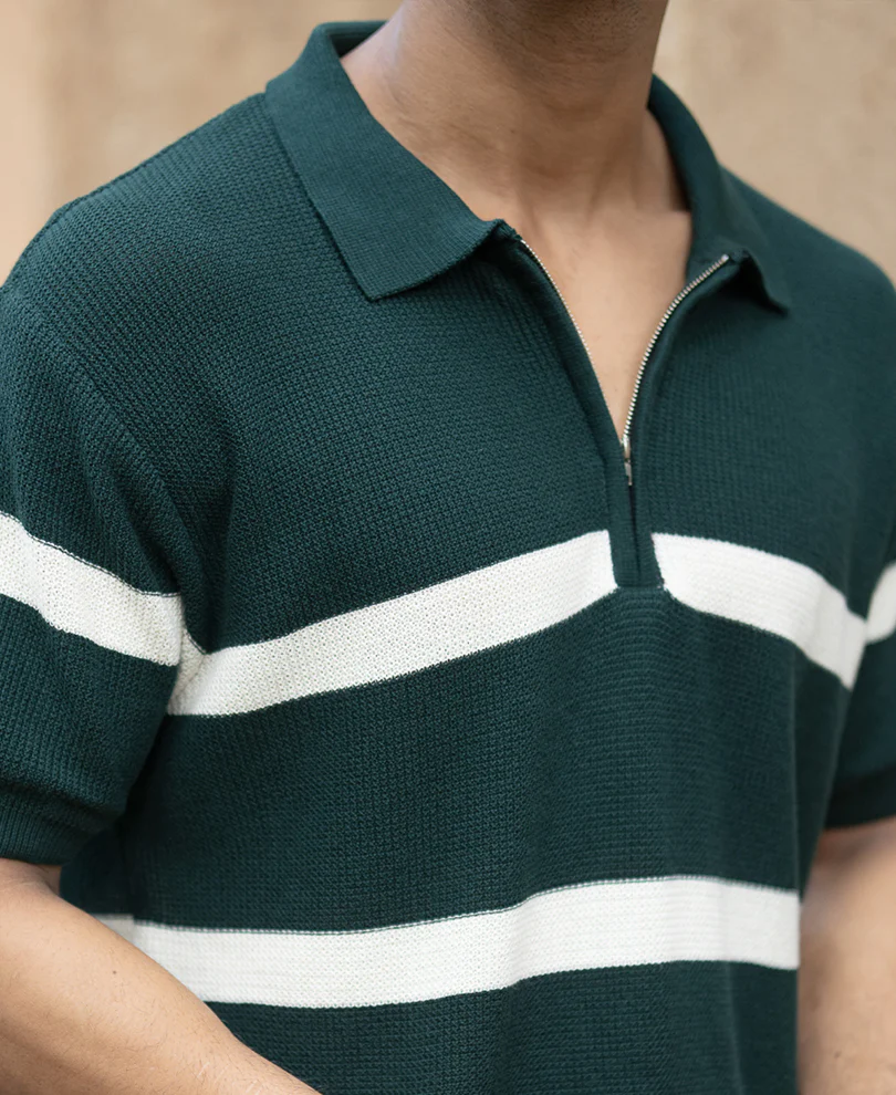 Pine Striped Zipper T-Shirt 100% Cotton - Image 3