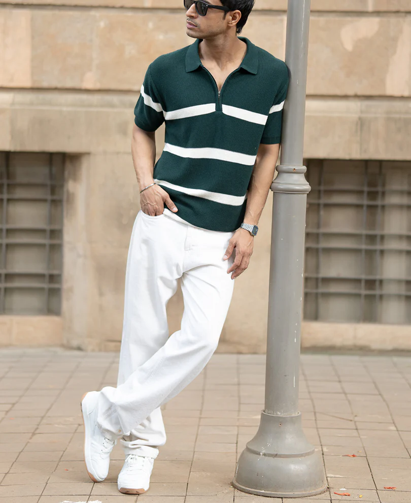 Pine Striped Zipper T-Shirt 100% Cotton - Image 6