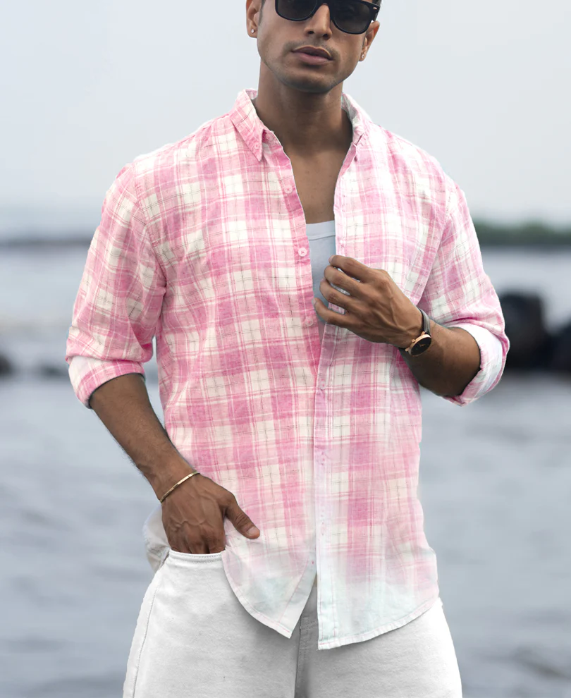 Pink Light Weight Ombre Checks Shirt 100% Cotton - Image 2