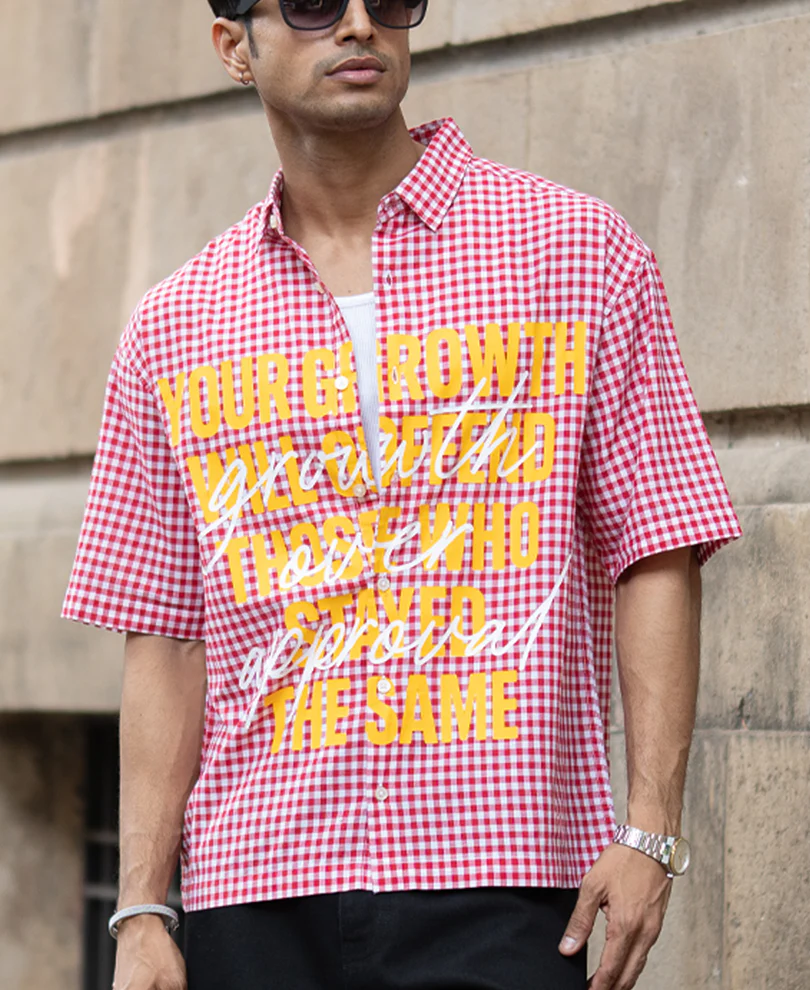 Red Micro Checks Printed Boxy Shirt 100% Cotton - Image 3