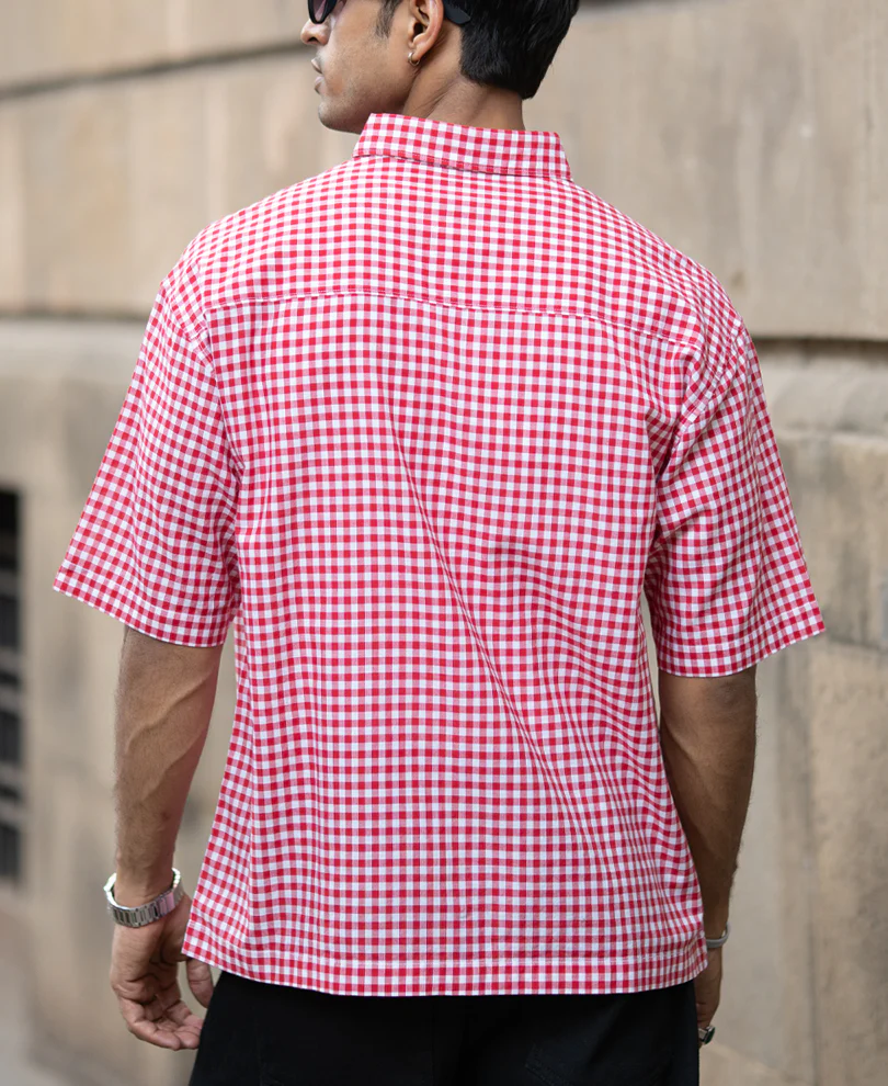 Red Micro Checks Printed Boxy Shirt 100% Cotton - Image 6