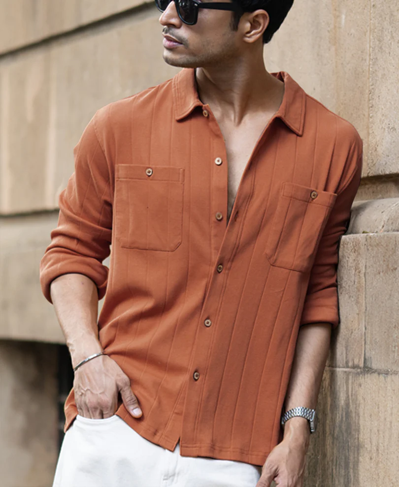 Russet Brown Structure Knit Shirt 100% Cotton - Image 3