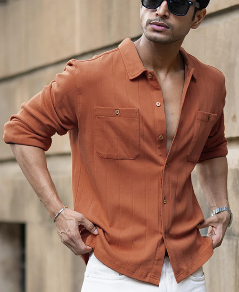 Russet Brown Structure Knit Shirt 100% Cotton - Image 4
