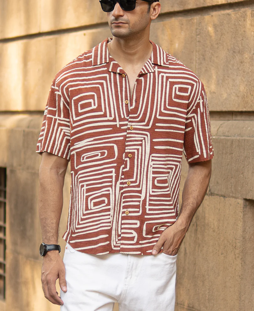 Rust Abstract Print Structure Shirt 100% Cotton - Image 2