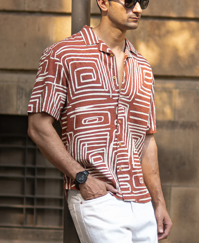 Rust Abstract Print Structure Shirt 100% Cotton - Image 3