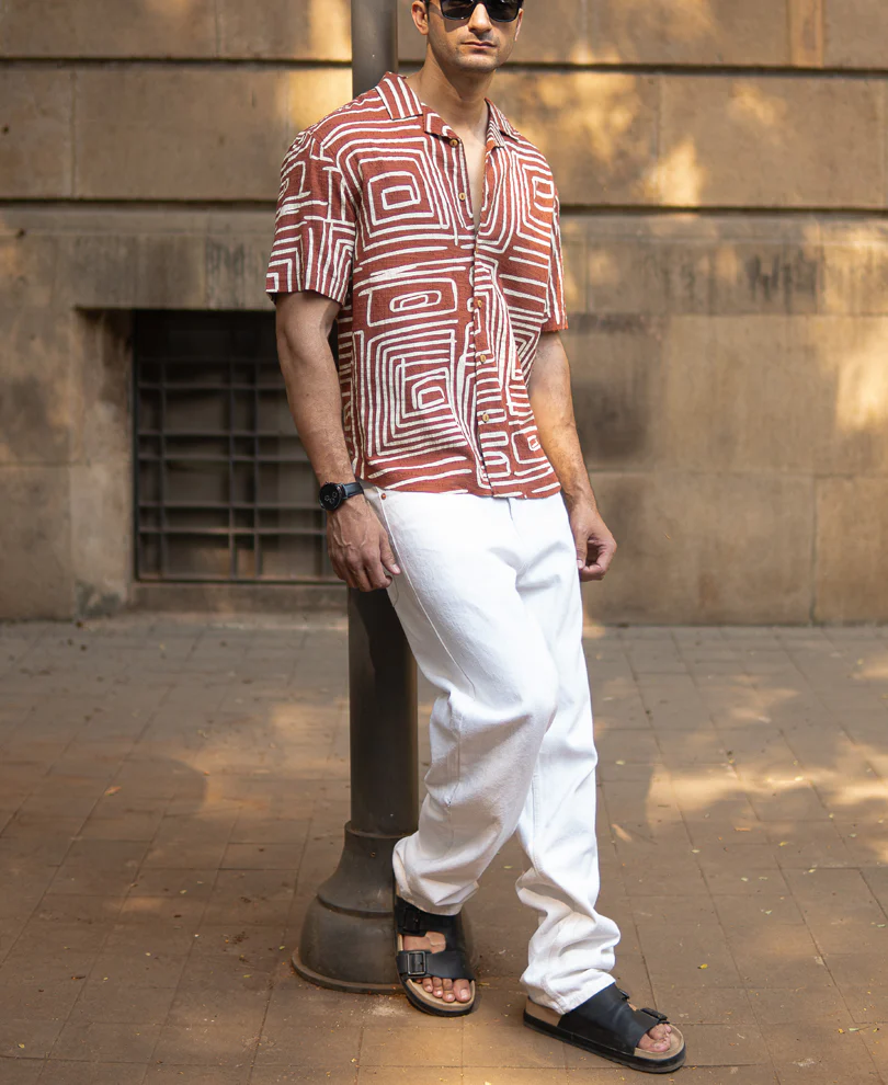 Rust Abstract Print Structure Shirt 100% Cotton - Image 6