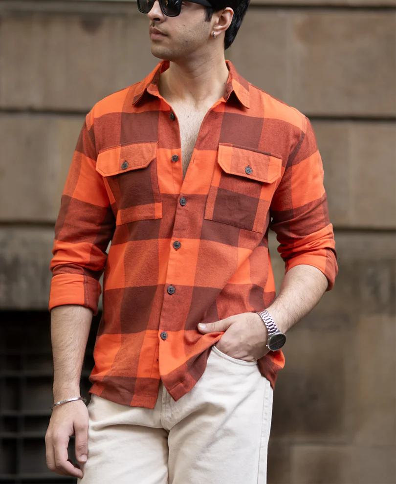 Rust Orange Checks Shirt 100% Cotton - Image 2