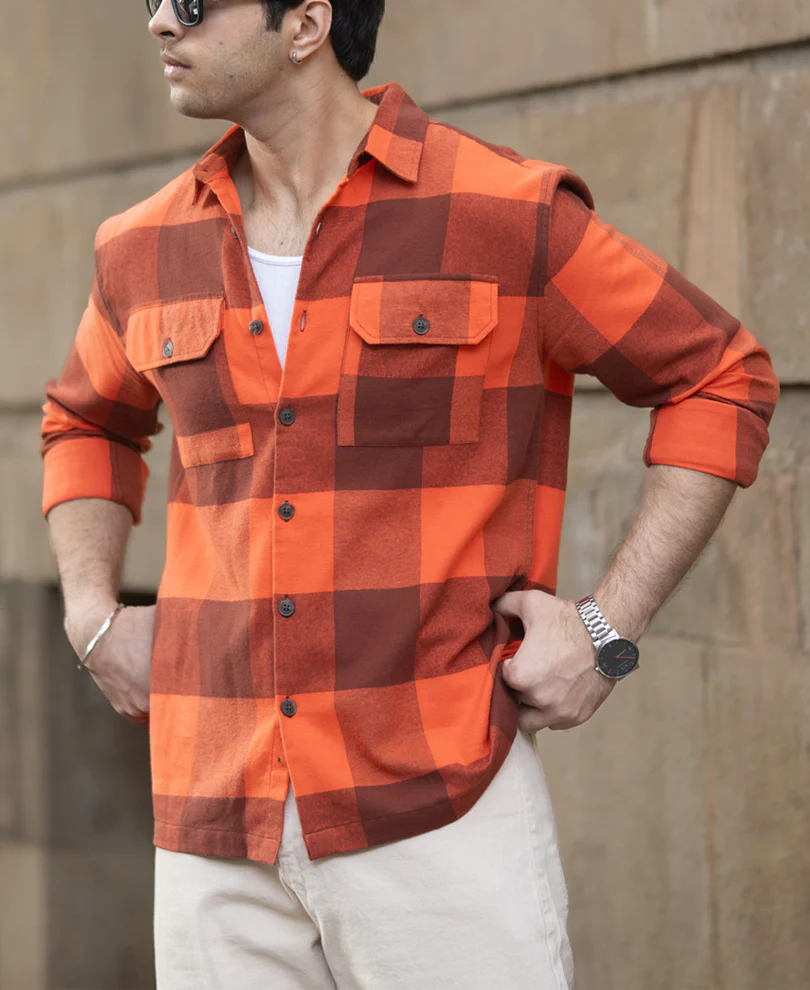 Rust Orange Checks Shirt 100% Cotton - Image 3