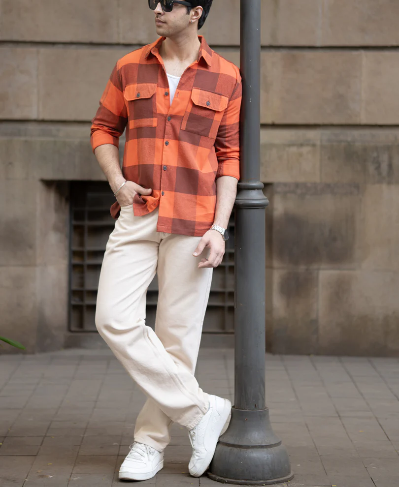 Rust Orange Checks Shirt 100% Cotton - Image 7