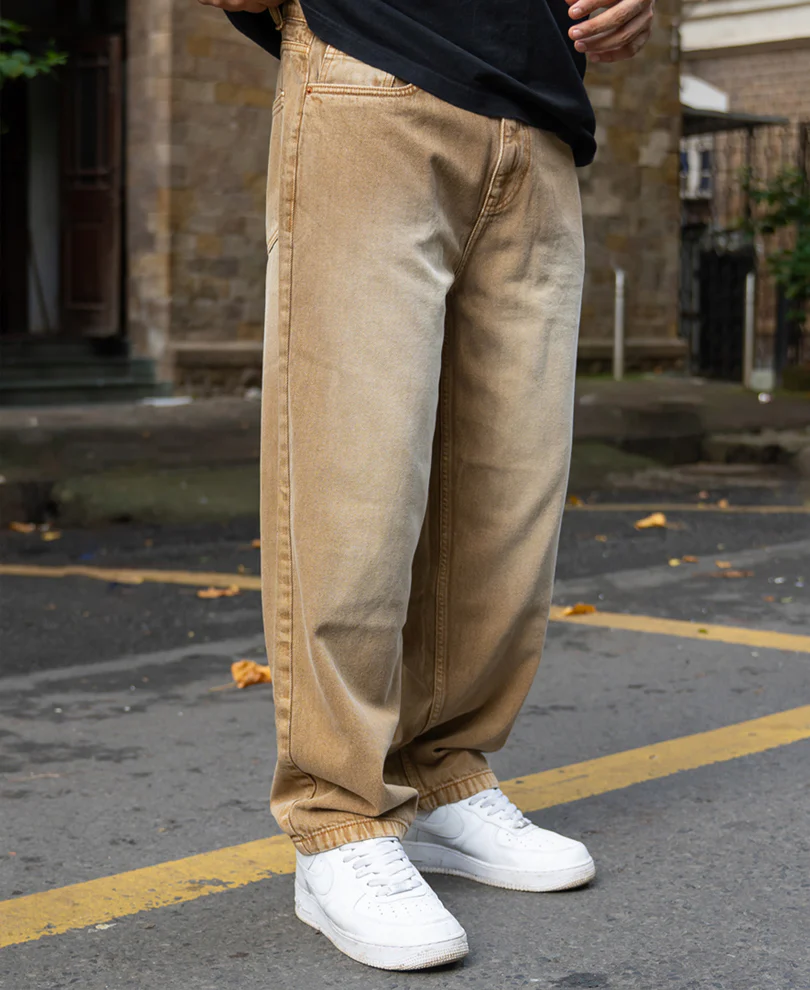Sand Brown Washed Baggy Jeans 100% Cotton - Image 2