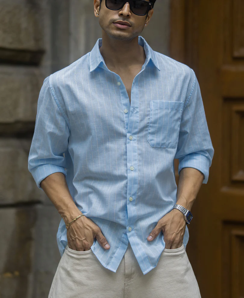 Sky Blue Cotton Stripe Shirt - Image 2