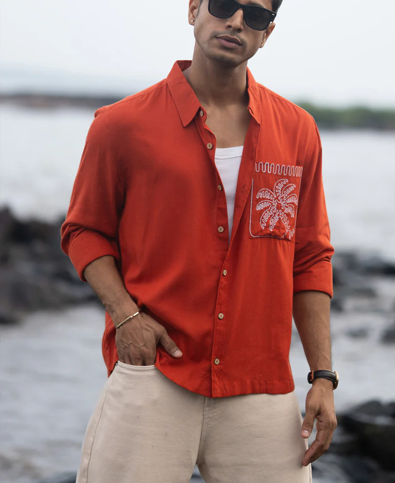 Spicy Orange Linen Blend Embroidery Shirt - Image 3