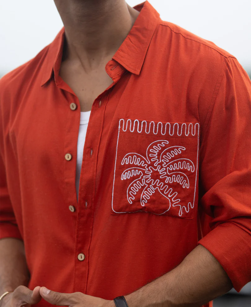 Spicy Orange Linen Blend Embroidery Shirt - Image 4