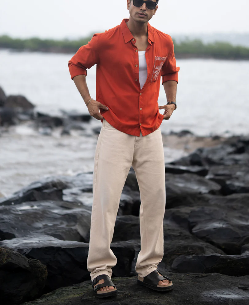Spicy Orange Linen Blend Embroidery Shirt - Image 6