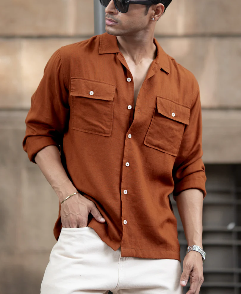 Tan Linen Double Pocket Shirt - Image 3