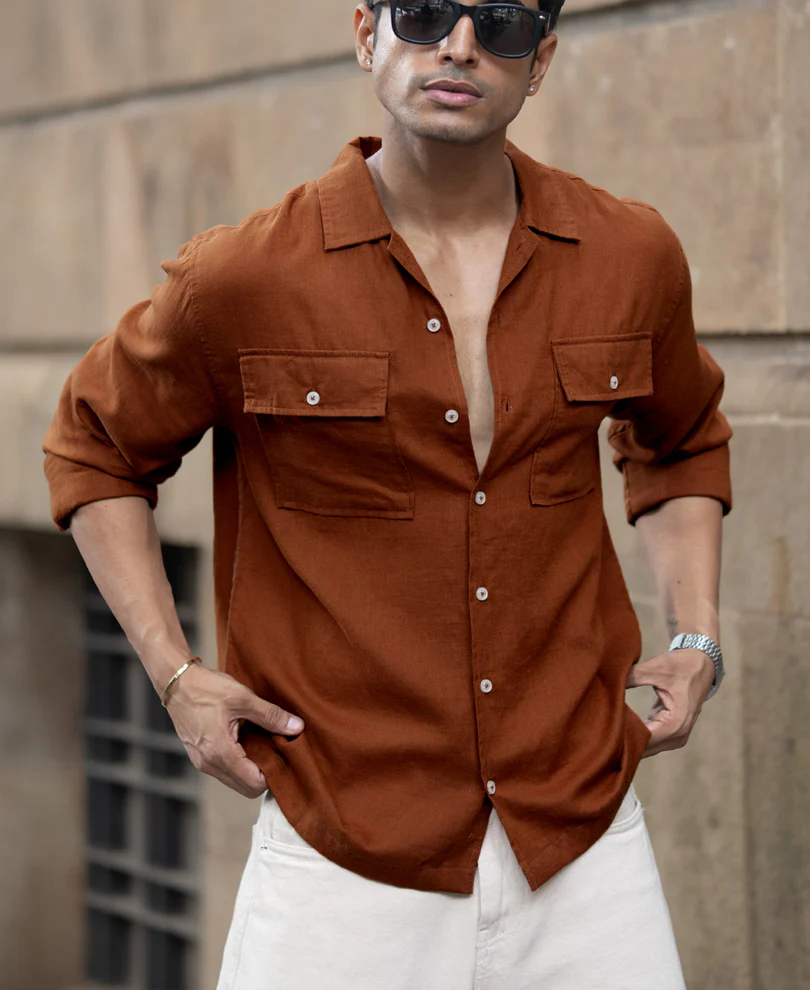 Tan Linen Double Pocket Shirt - Image 4