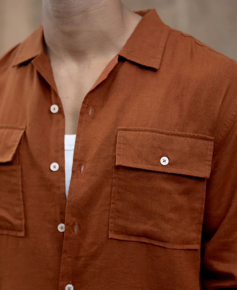 Tan Linen Double Pocket Shirt - Image 5