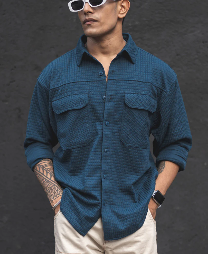 Teal Blue Structured Knit Shacket Oversized Shirt - Image 3