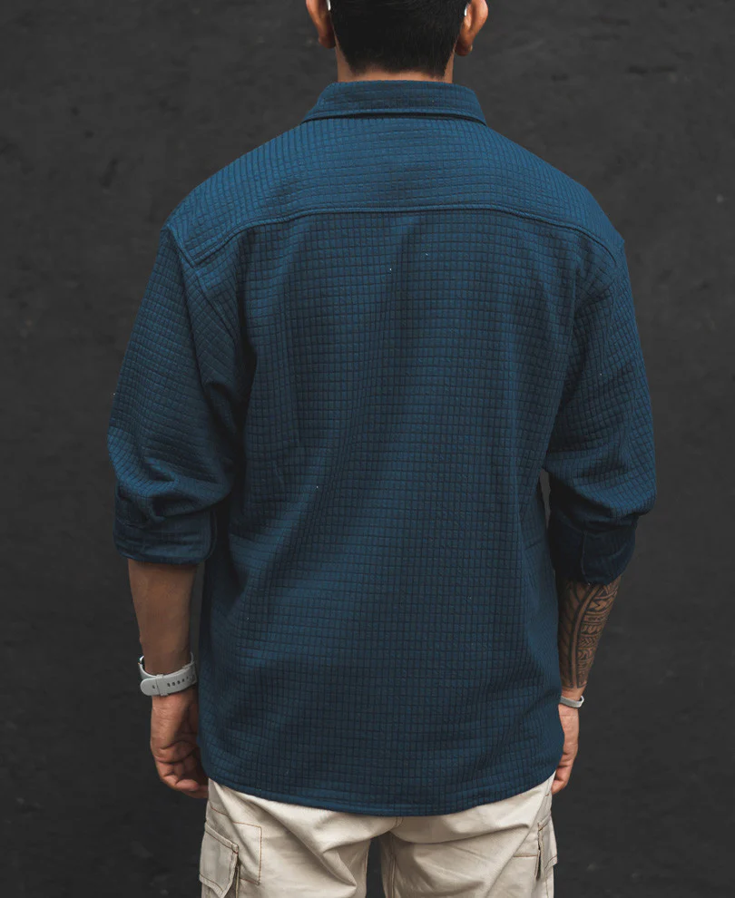 Teal Blue Structured Knit Shacket Oversized Shirt - Image 4