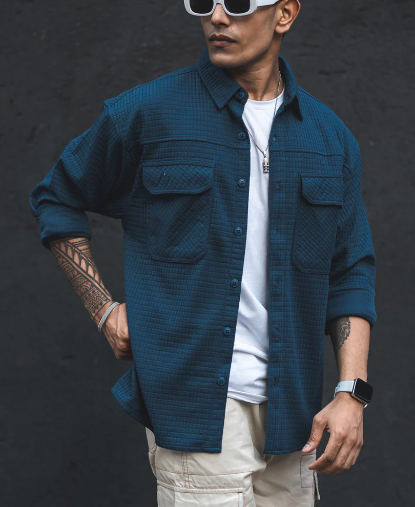 Teal Blue Structured Knit Shacket Oversized Shirt - Image 5