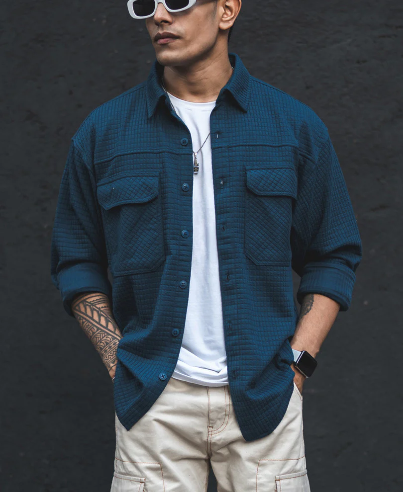 Teal Blue Structured Knit Shacket Oversized Shirt - Image 6