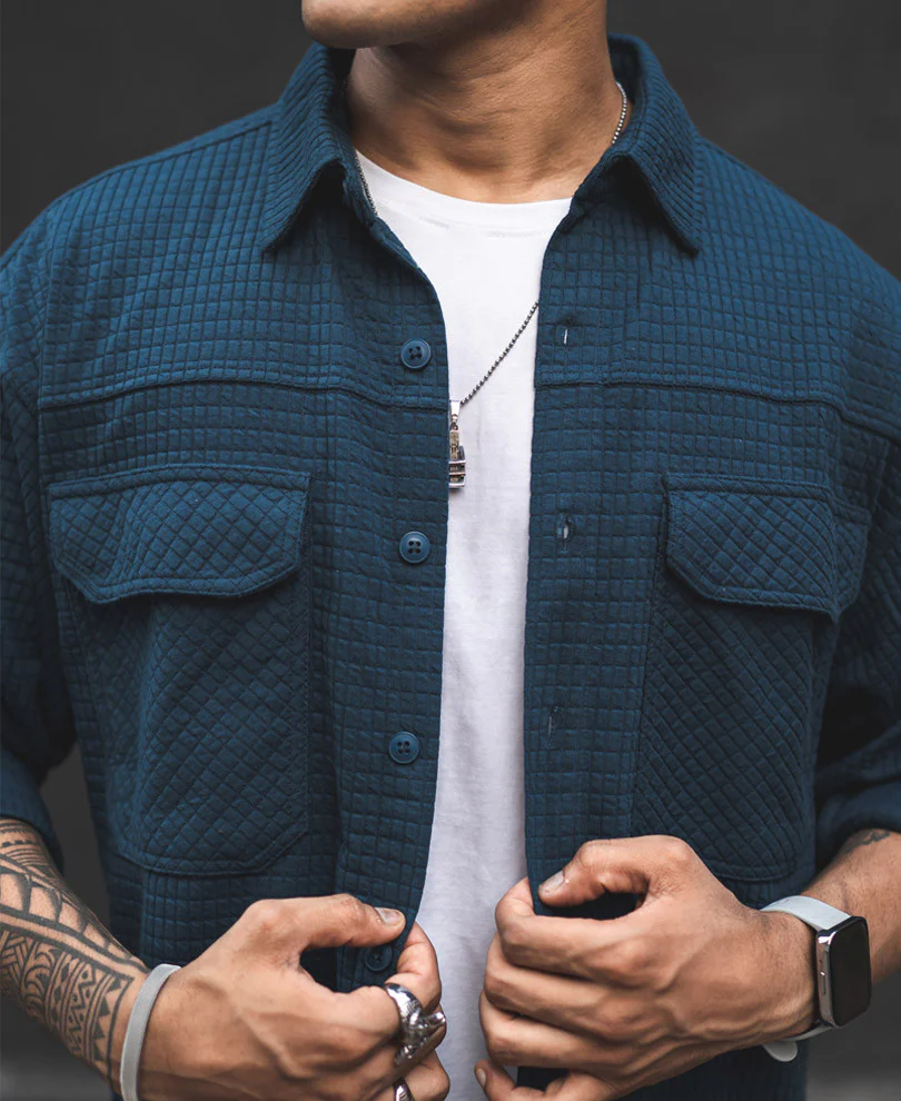 Teal Blue Structured Knit Shacket Oversized Shirt - Image 7