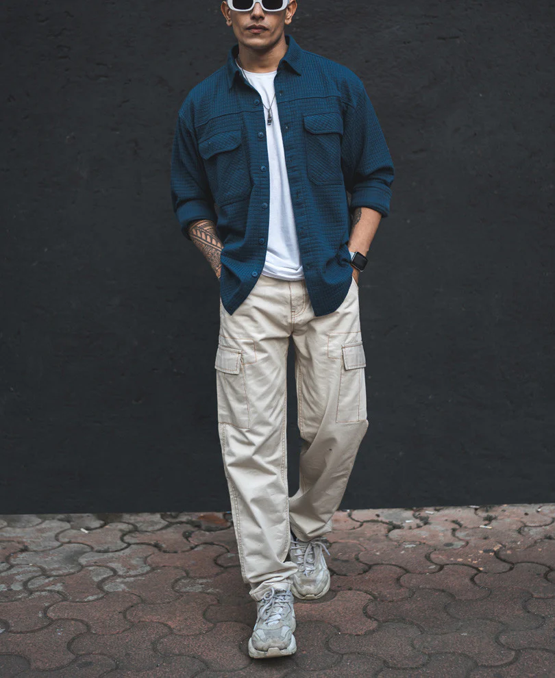 Teal Blue Structured Knit Shacket Oversized Shirt - Image 8