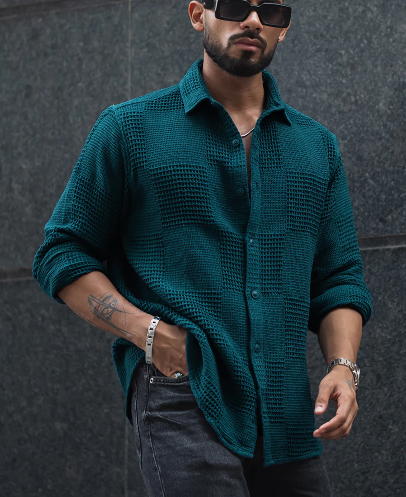 Teal Blue Waffle Structure Regular Fit Full Sleeves Shirt - Image 2