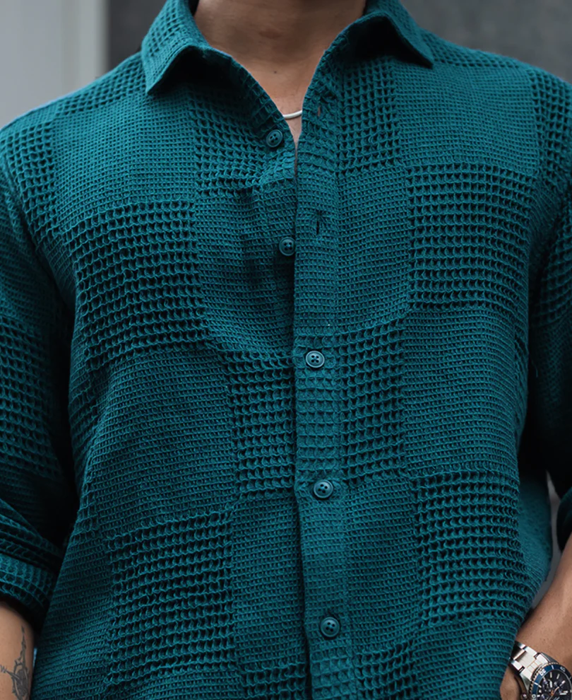 Teal Blue Waffle Structure Regular Fit Full Sleeves Shirt - Image 3