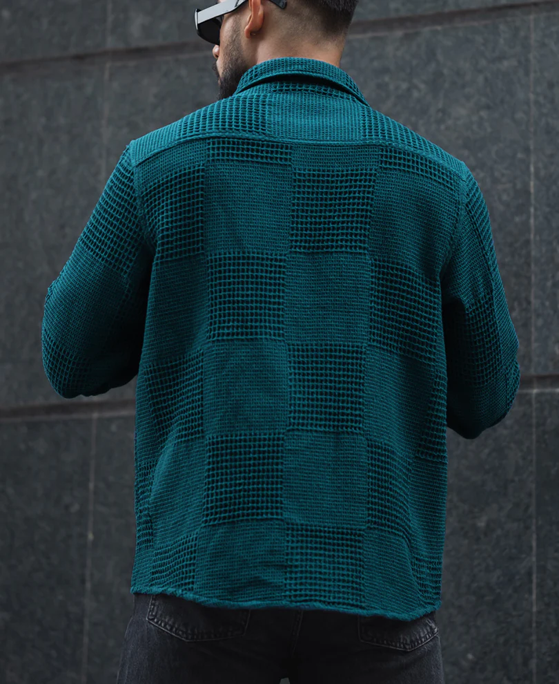 Teal Blue Waffle Structure Regular Fit Full Sleeves Shirt - Image 4