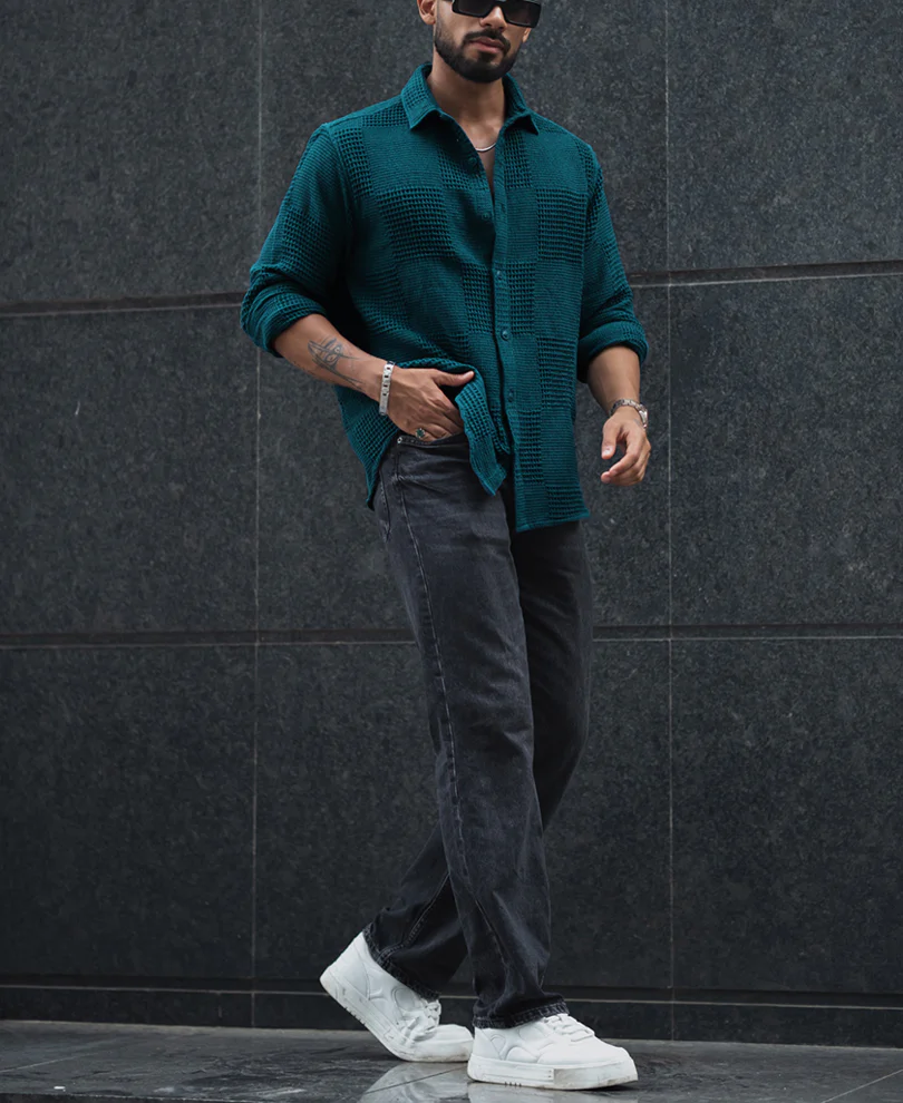 Teal Blue Waffle Structure Regular Fit Full Sleeves Shirt - Image 5