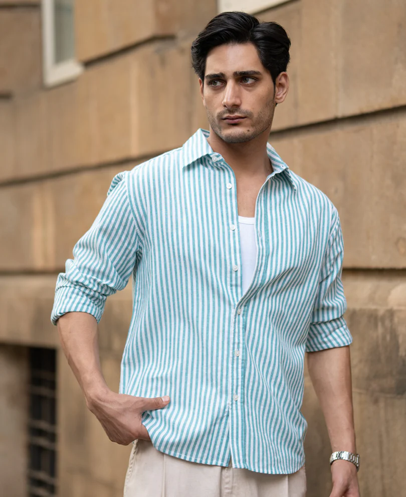 Teal Green Cotton Stripe Shirt - Image 2