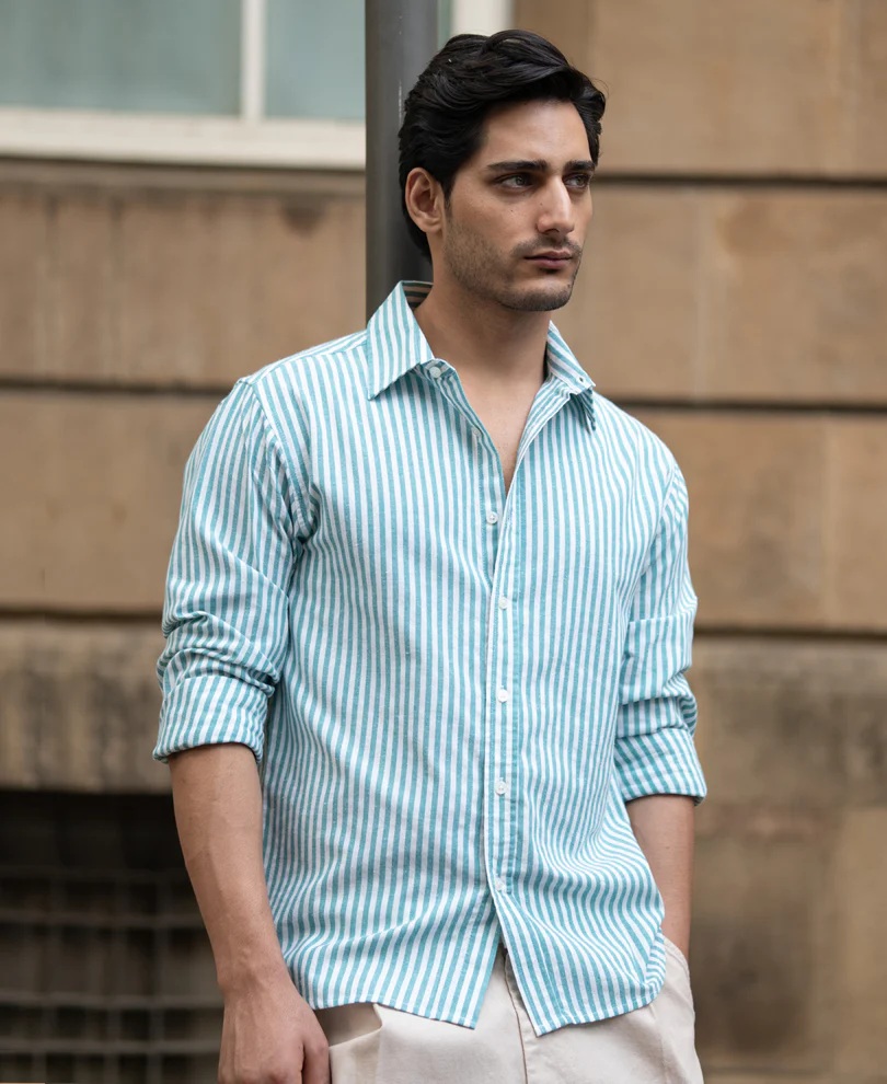Teal Green Cotton Stripe Shirt - Image 3