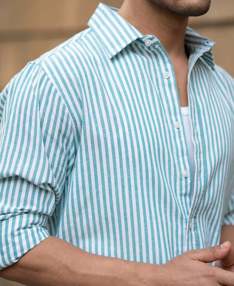 Teal Green Cotton Stripe Shirt - Image 4