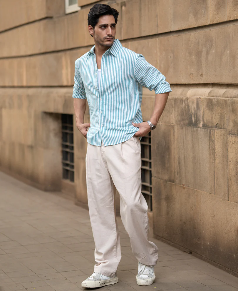 Teal Green Cotton Stripe Shirt - Image 7