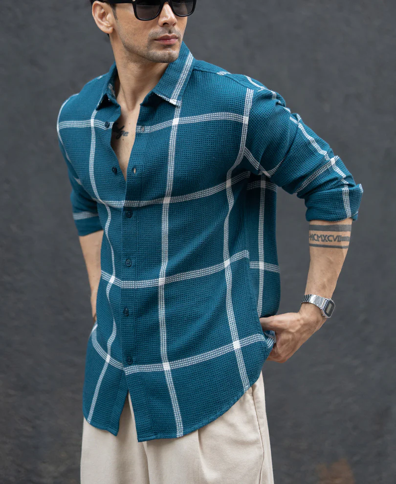 Teal Structured Checked Shirt - Image 2