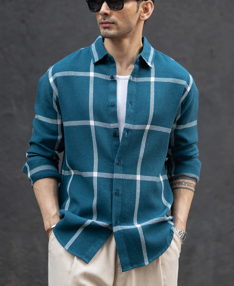 Teal Structured Checked Shirt - Image 3
