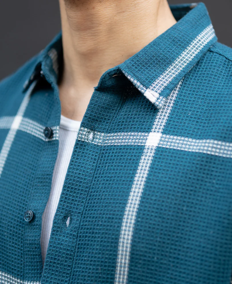 Teal Structured Checked Shirt - Image 4