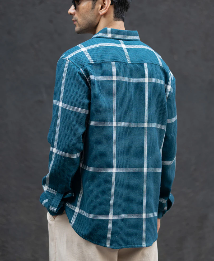 Teal Structured Checked Shirt - Image 5