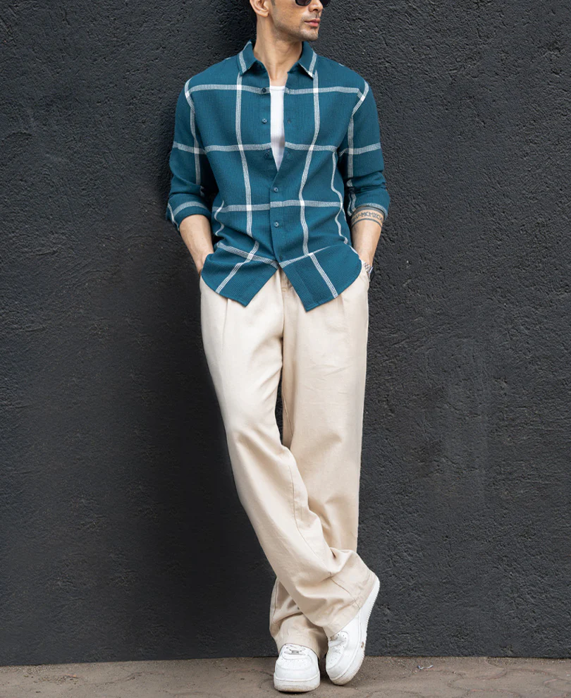 Teal Structured Checked Shirt - Image 6