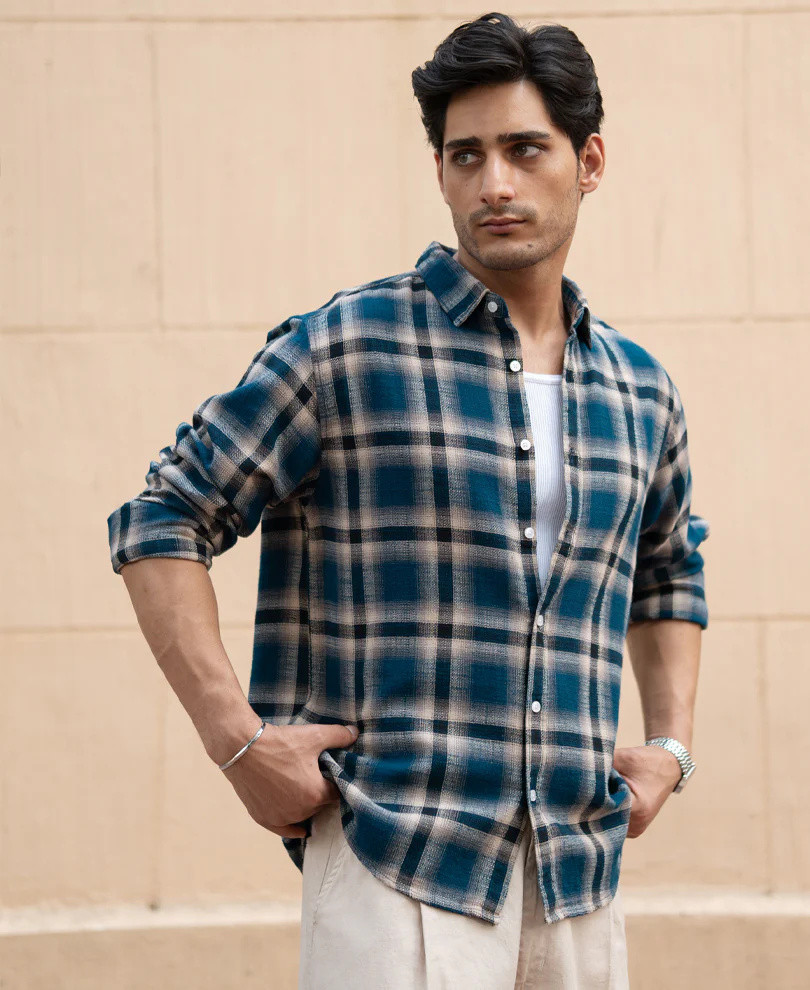 Teal Structured Checks Shirt 100% Cotton - Image 2