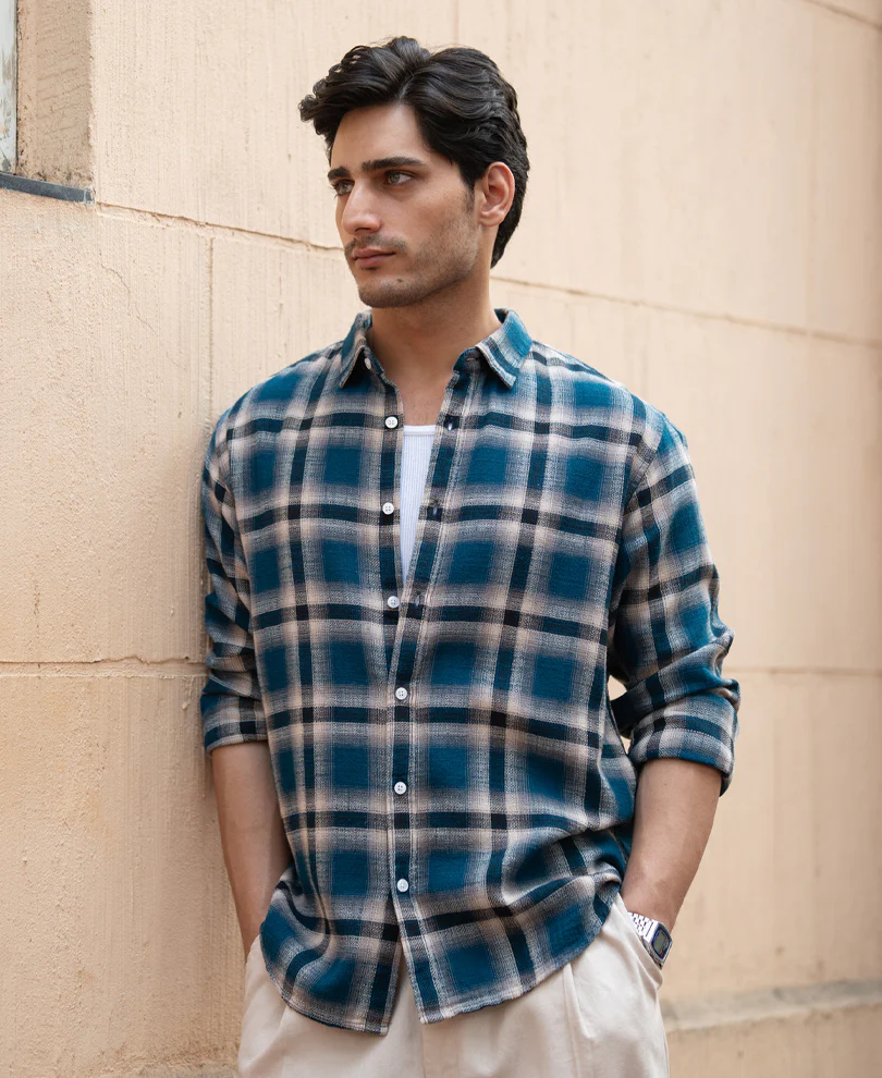 Teal Structured Checks Shirt 100% Cotton - Image 3