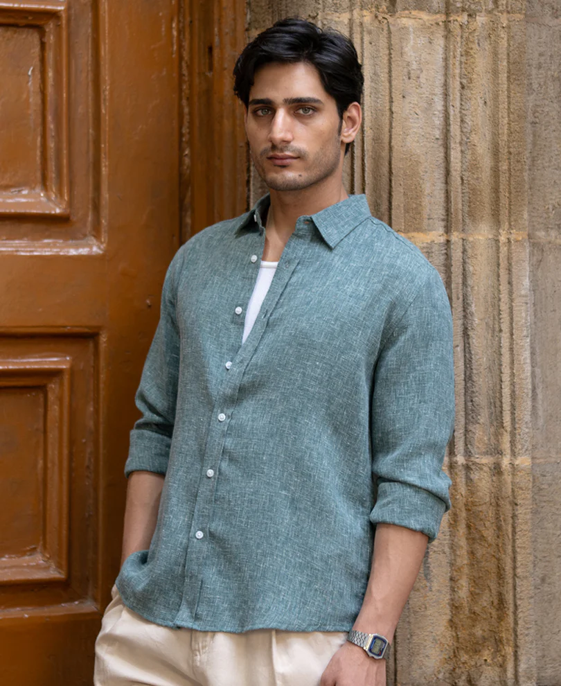 Teal Structured Linen Blend Shirt - Image 2