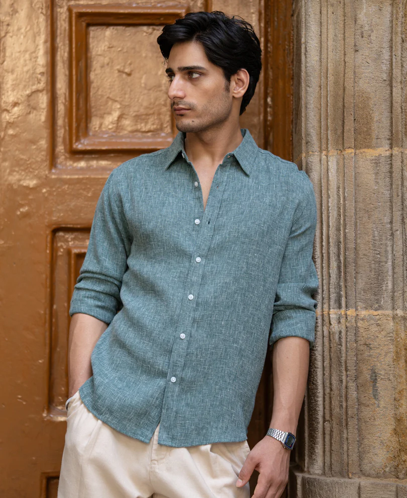 Teal Structured Linen Blend Shirt - Image 3