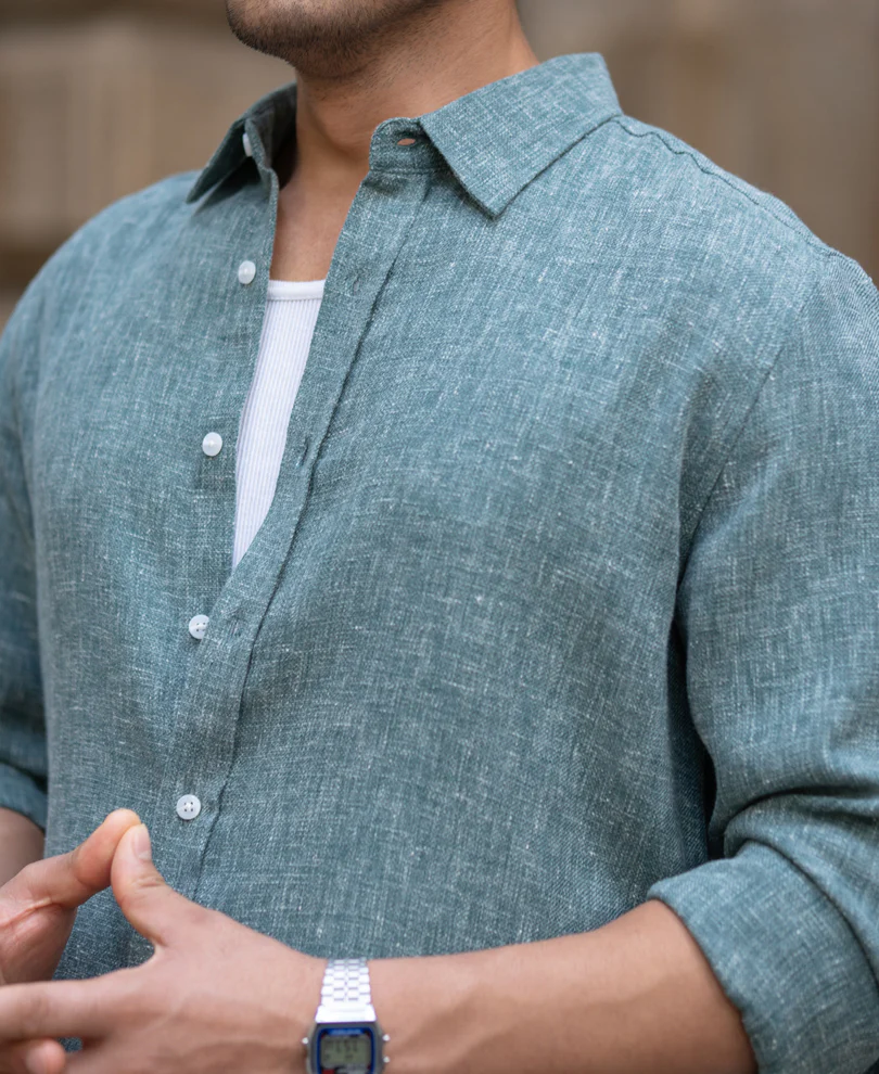 Teal Structured Linen Blend Shirt - Image 4
