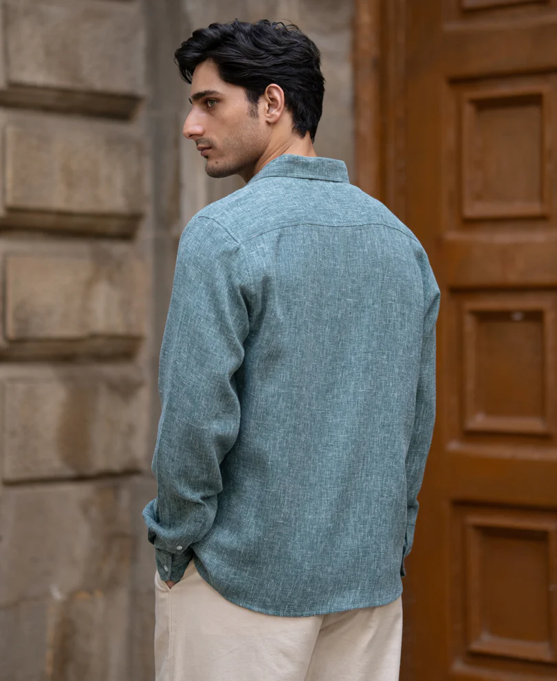 Teal Structured Linen Blend Shirt - Image 5