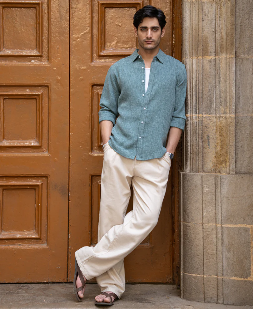 Teal Structured Linen Blend Shirt - Image 6
