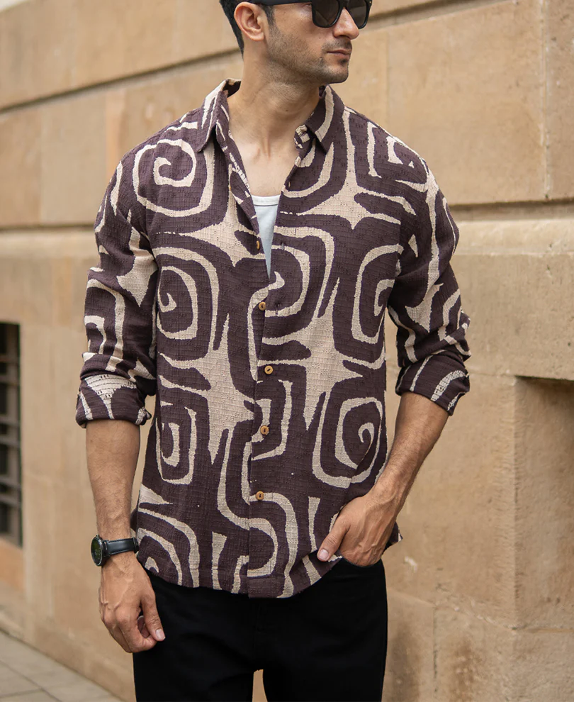 Coffee Brown Abstract Print Shirt 100% Cotton - Image 3