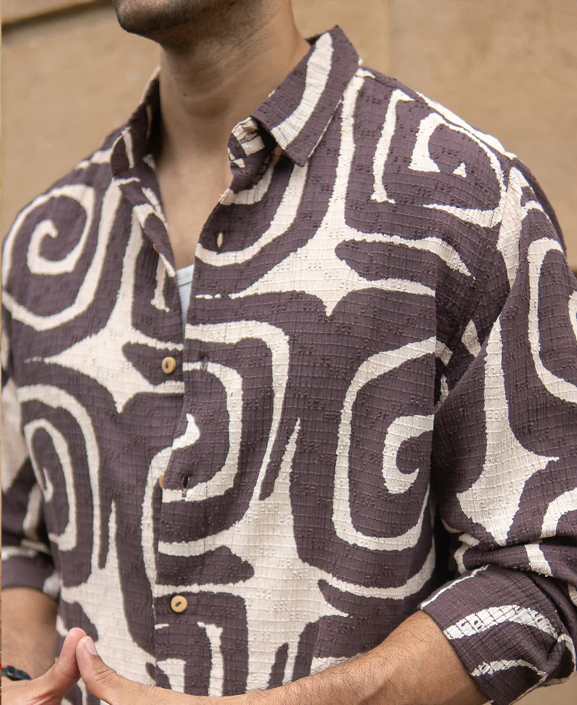 Coffee Brown Abstract Print Shirt 100% Cotton - Image 4